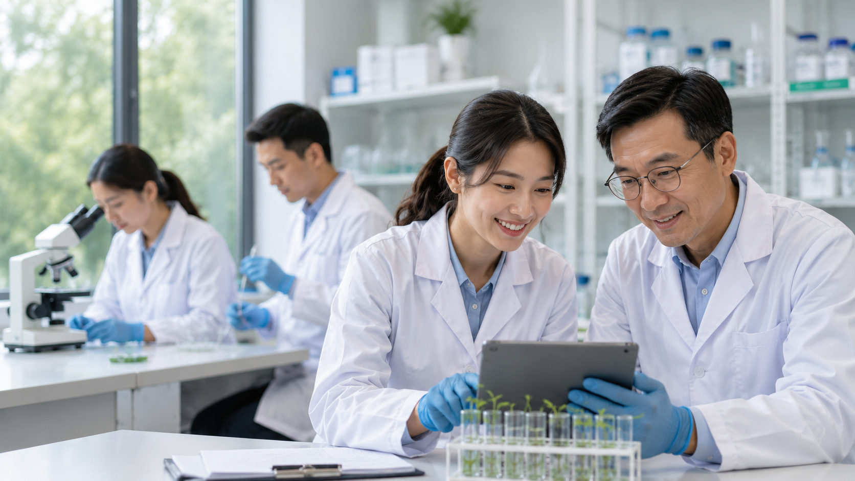 Senior and junior Helixia researchers reviewing formulation data together